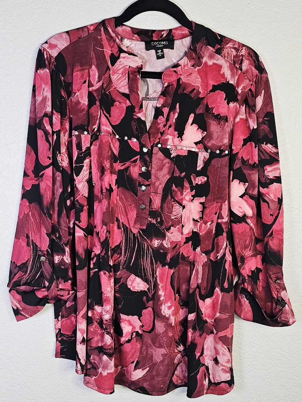 Cocomo 2X Red Pink Floral Studded Henley Tunic Blouse Plus Size 2XL